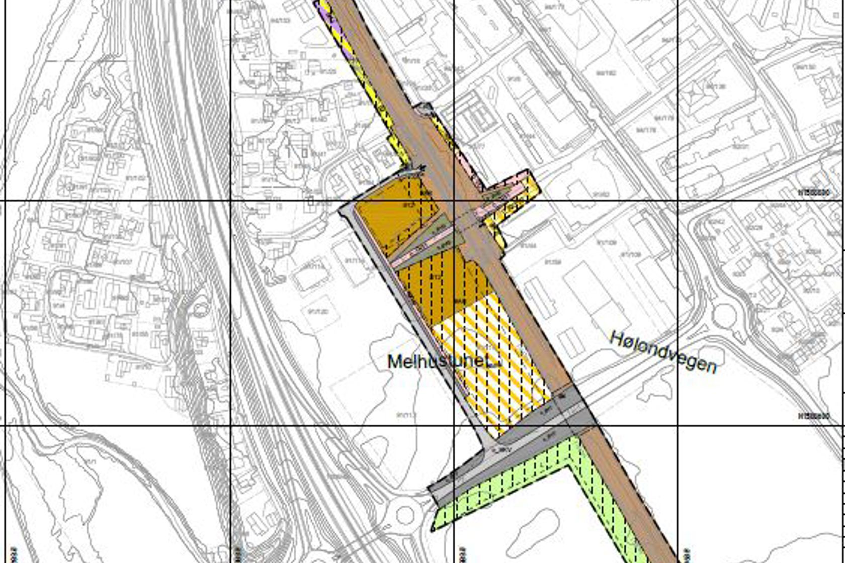 Kart som viser område for planlagt utbygging av jernbanen ved Melhus Stasjon