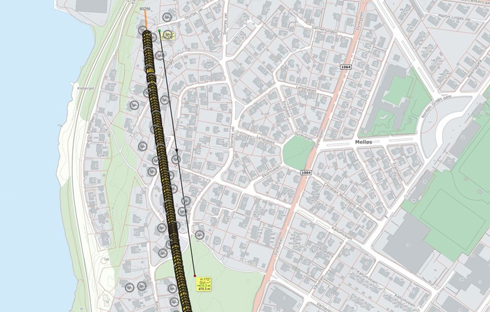 Et kart med mørk markering som viser hvor tunnelen skal sprenges