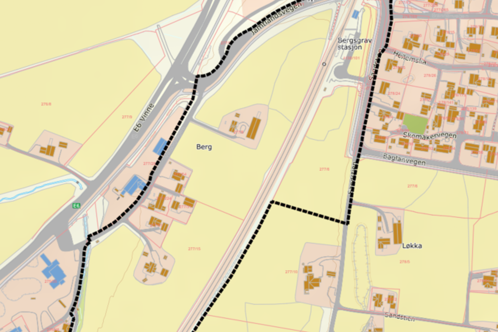 Kart over reguleringsområde ved Bergsgrav stasjon i Trøndelag