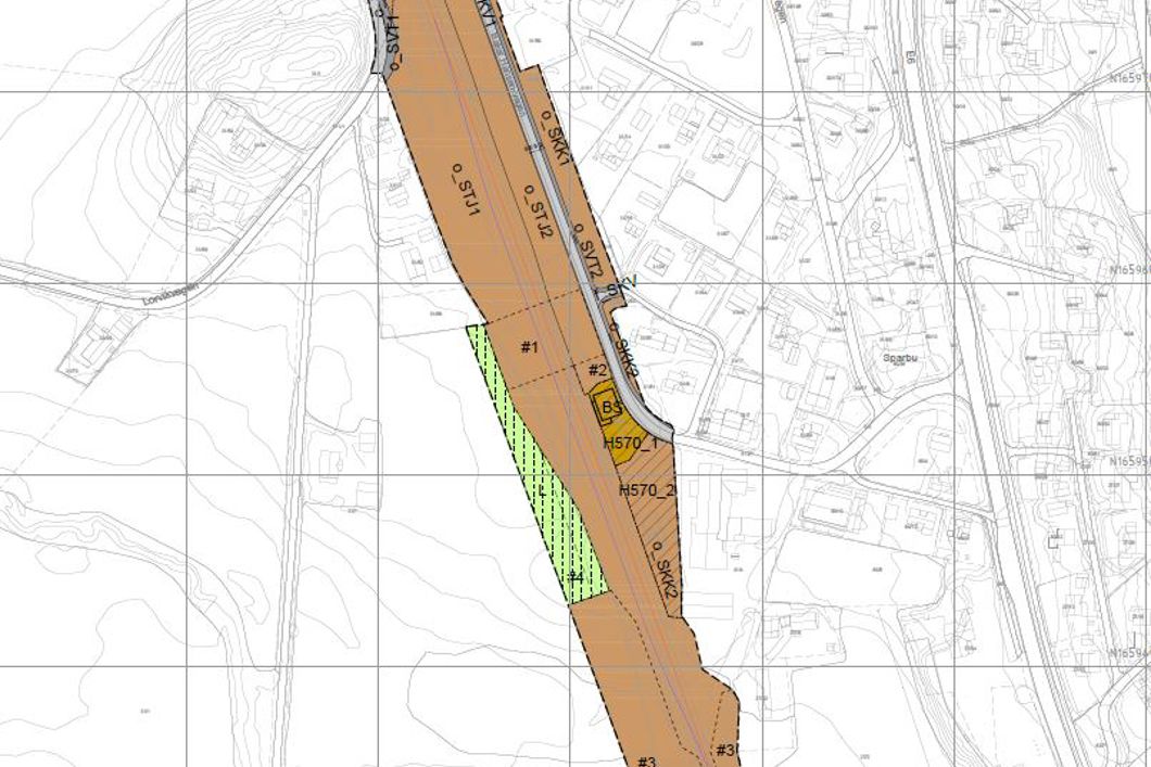 Plankart som viser område for utbygging av jernbane ved Sparbu stasjon.