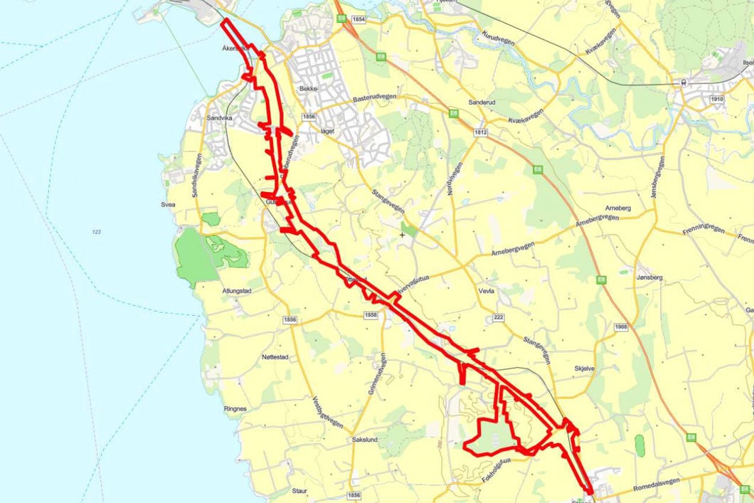 Kart over det aktuelle planområdet for nytt dobbeltspor.